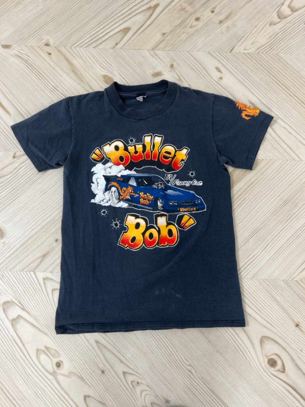 Vintage 1980s Bullet Bob Graphic Tee - Black with Orange/Yellow Print